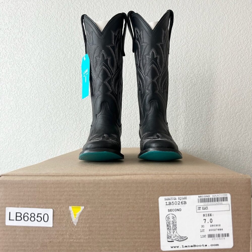 Lane Saratoga Womens Square Toe Cowboy Boots Sz 7 Black Leather Western Mid Calf - Picture 10 of 11